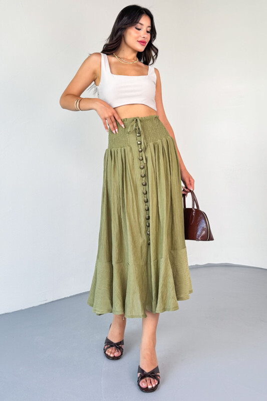 ETK-02339 Haki Gipeli Eskitme Düğme Detaylı Astarlı Vintage Etek - 4