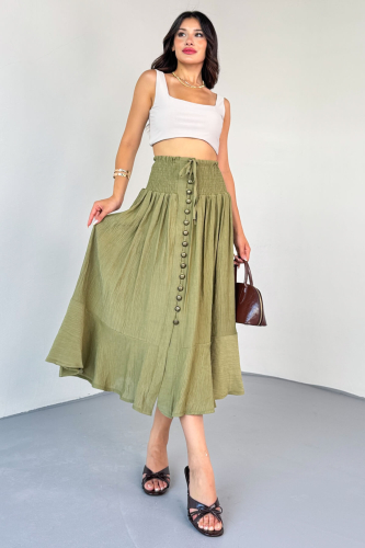 ETK-02339 Haki Gipeli Eskitme Düğme Detaylı Astarlı Vintage Etek - 5