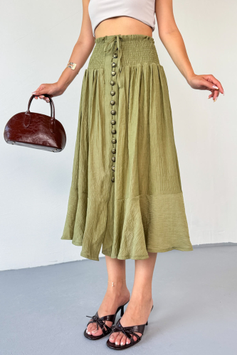 ETK-02339 Haki Gipeli Eskitme Düğme Detaylı Astarlı Vintage Etek - 2