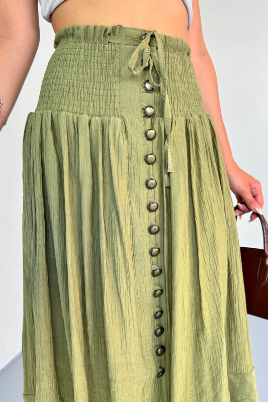 ETK-02339 Haki Gipeli Eskitme Düğme Detaylı Astarlı Vintage Etek - 6