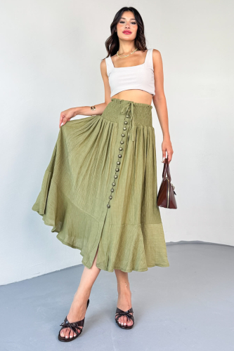 ETK-02339 Haki Gipeli Eskitme Düğme Detaylı Astarlı Vintage Etek - 7