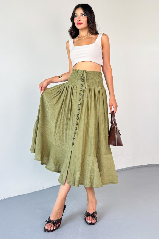 ETK-02339 Haki Gipeli Eskitme Düğme Detaylı Astarlı Vintage Etek - 1