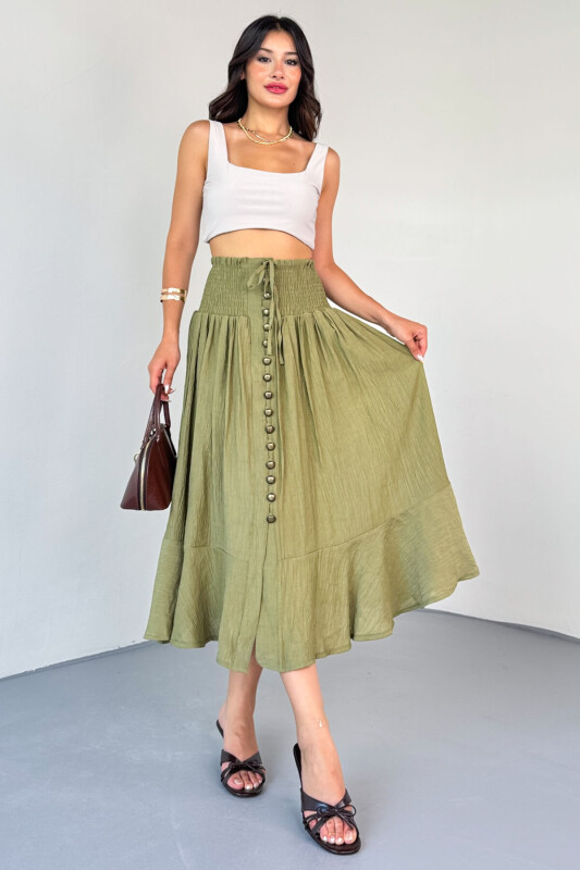 ETK-02339 Haki Gipeli Eskitme Düğme Detaylı Astarlı Vintage Etek - 9