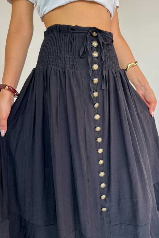 ETK-02339 Siyah Gipeli Eskitme Düğme Detaylı Astarlı Vintage Etek - 4