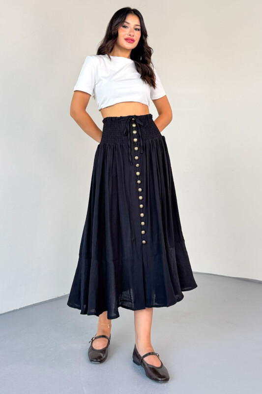 ETK-02339 Siyah Gipeli Eskitme Düğme Detaylı Astarlı Vintage Etek - 6