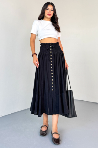 ETK-02339 Siyah Gipeli Eskitme Düğme Detaylı Astarlı Vintage Etek