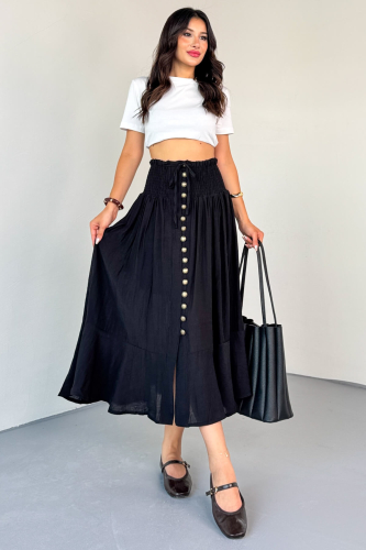 ETK-02339 Siyah Gipeli Eskitme Düğme Detaylı Astarlı Vintage Etek - 7