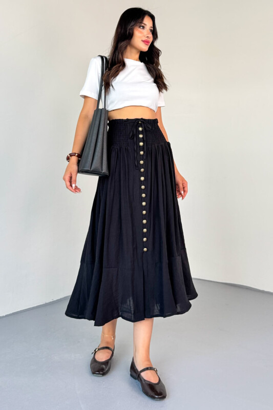 ETK-02339 Siyah Gipeli Eskitme Düğme Detaylı Astarlı Vintage Etek - 8