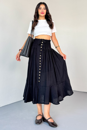 ETK-02339 Siyah Gipeli Eskitme Düğme Detaylı Astarlı Vintage Etek - 9