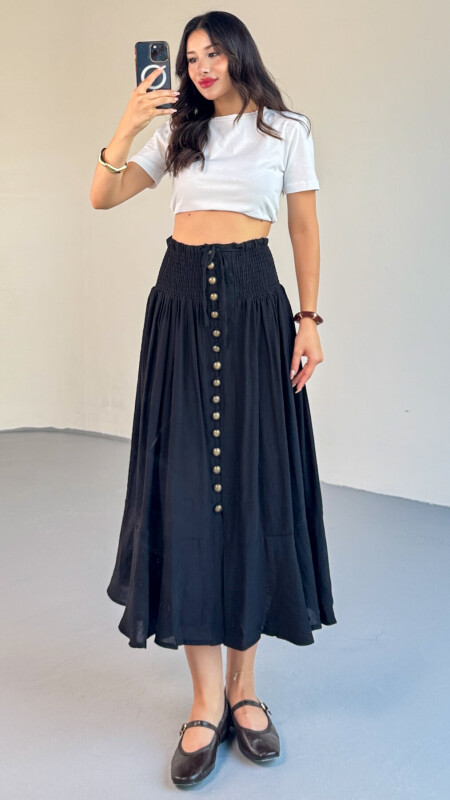 ETK-02339 Siyah Gipeli Eskitme Düğme Detaylı Astarlı Vintage Etek - 10