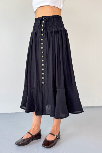 ETK-02339 Siyah Gipeli Eskitme Düğme Detaylı Astarlı Vintage Etek (1)