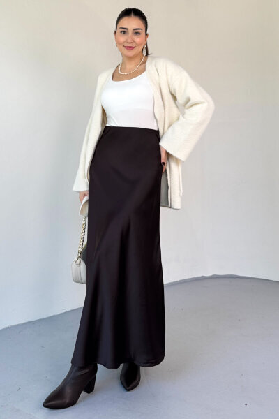 ETK-02340 Acı Kahve Tam Boy Bel Lastikli Saten Etek (1)