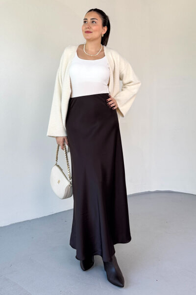 ETK-02340 Acı Kahve Tam Boy Bel Lastikli Saten Etek