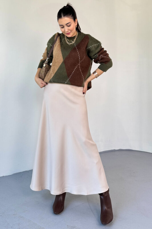 ETK-02340 Bej Tam Boy Bel Lastikli Saten Etek - 2