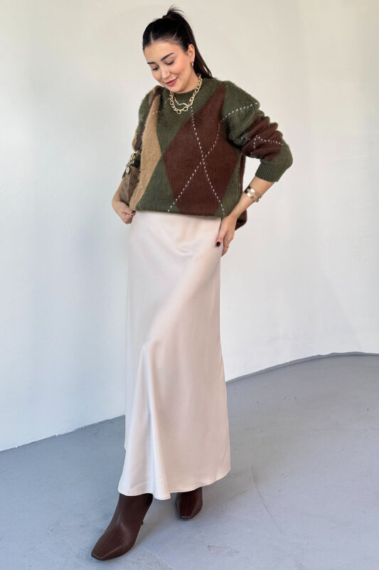 ETK-02340 Bej Tam Boy Bel Lastikli Saten Etek - 1