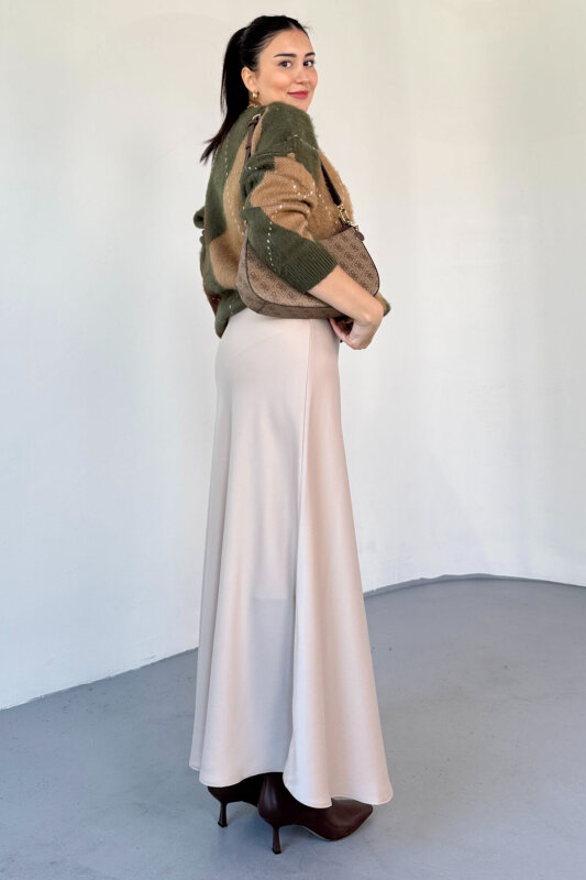 ETK-02340 Bej Tam Boy Bel Lastikli Saten Etek - 3