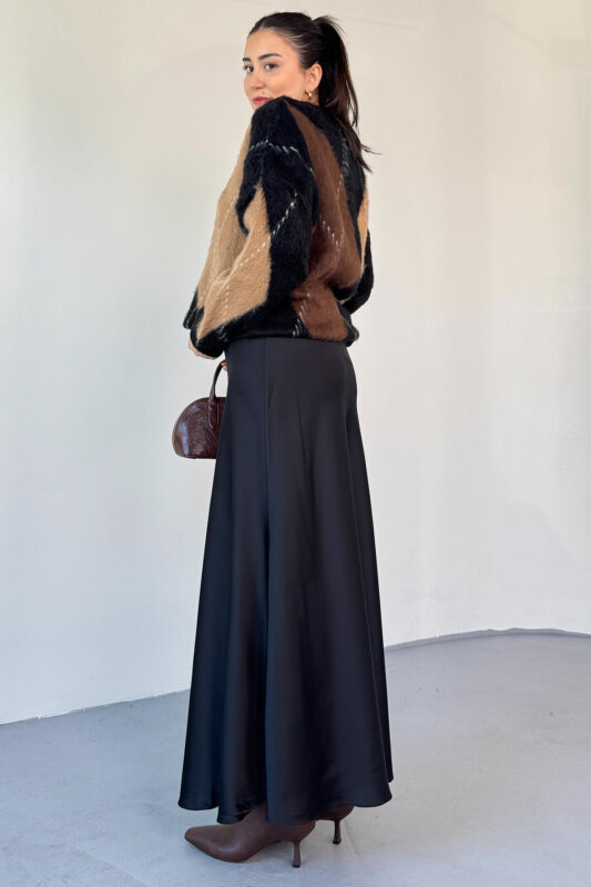 ETK-02340 Siyah Tam Boy Bel Lastikli Saten Etek - 2