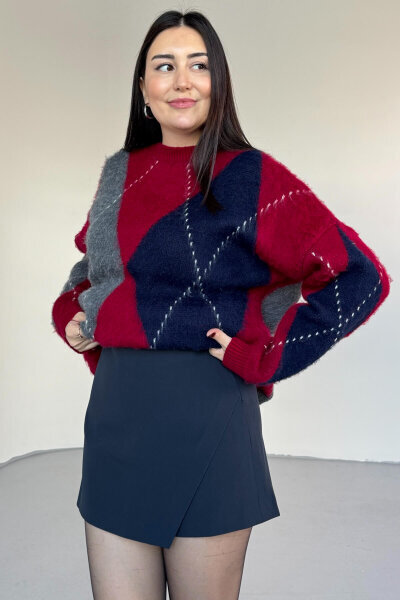 ETK-02341 Lacivert Double Kumaş Katlı Mini Şort Etek - 3