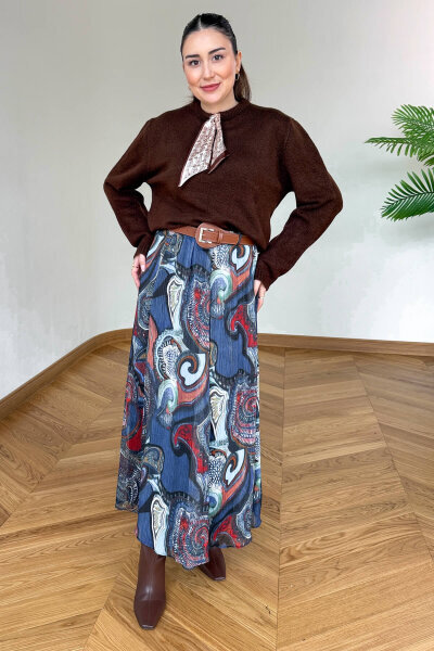 ETK-02342 Renkli Şifon Astarlı Kemerli Kışlık Etek