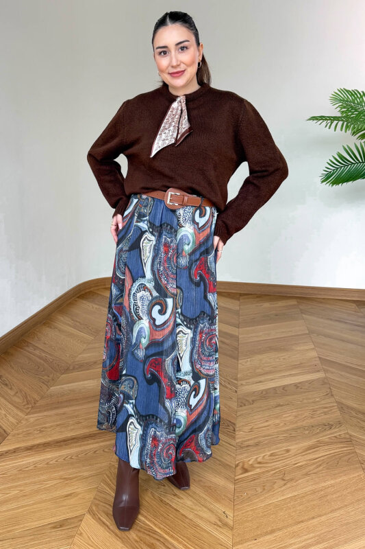 ETK-02342 Renkli Şifon Astarlı Kemerli Kışlık Etek - 1