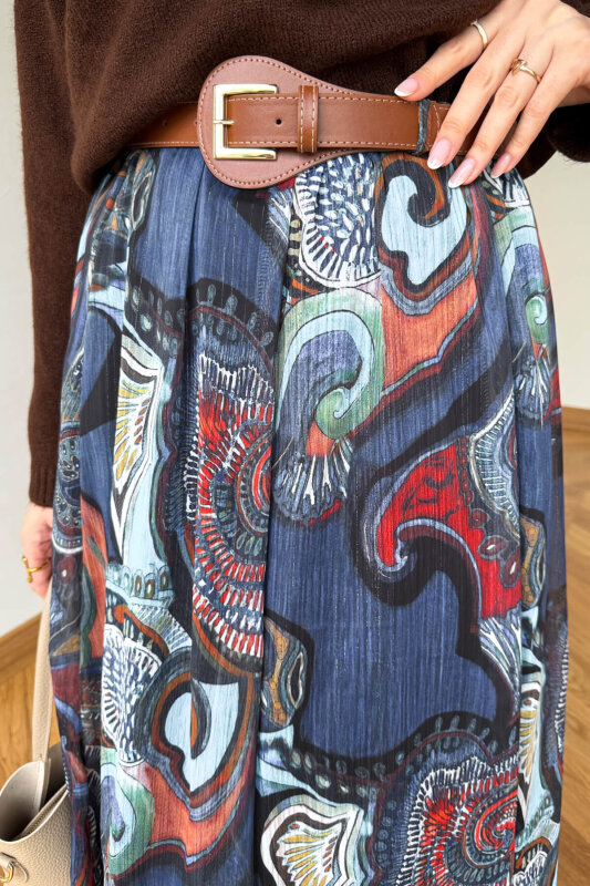 ETK-02342 Renkli Şifon Astarlı Kemerli Kışlık Etek - 2