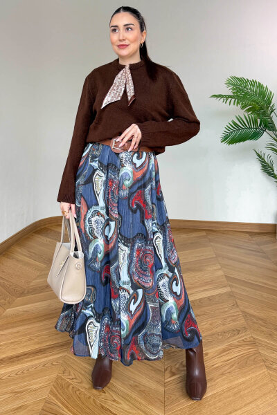 ETK-02342 Renkli Şifon Astarlı Kemerli Kışlık Etek - 6