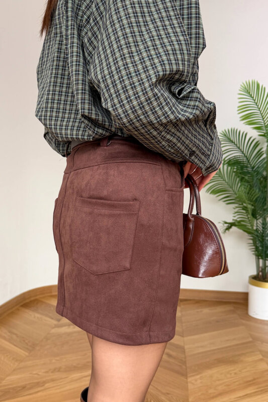 ETK-02343 Acı Kahve Cepli Nubuk Mini Etek - 4