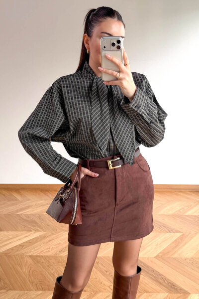 ETK-02343 Acı Kahve Cepli Nubuk Mini Etek - 3