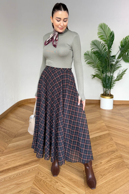 ETK-02344 Antrasit Ekoseli Astarlı Şifon Etek - 2