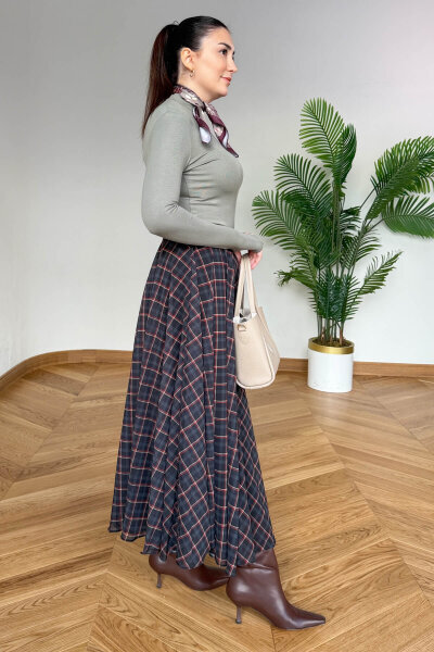 ETK-02344 Antrasit Ekoseli Astarlı Şifon Etek - 3