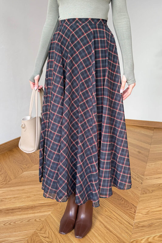 ETK-02344 Antrasit Ekoseli Astarlı Şifon Etek - 1