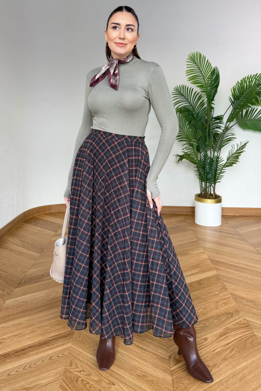 ETK-02344 Antrasit Ekoseli Astarlı Şifon Etek - 4