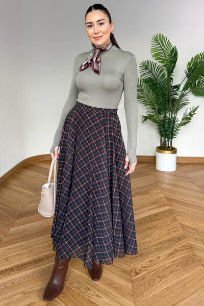 ETK-02344 Antrasit Ekoseli Astarlı Şifon Etek - 5