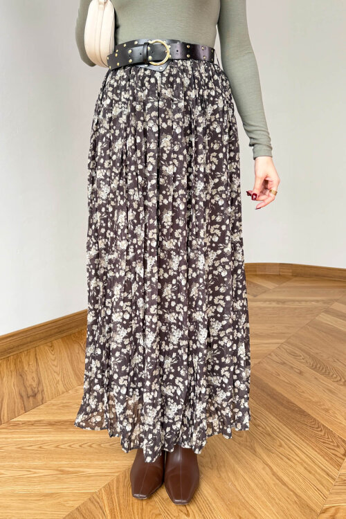 ETK-02347 Haki Kemerli Çiçek Desenli Maxi Tül Etek - 2