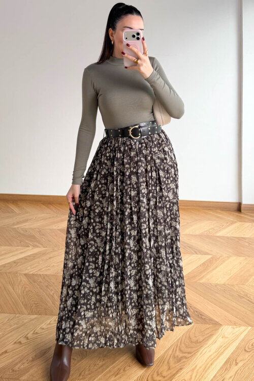 ETK-02347 Haki Kemerli Çiçek Desenli Maxi Tül Etek - 6