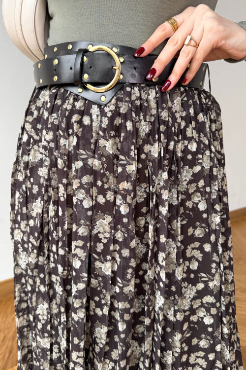 ETK-02347 Haki Kemerli Çiçek Desenli Maxi Tül Etek - 3