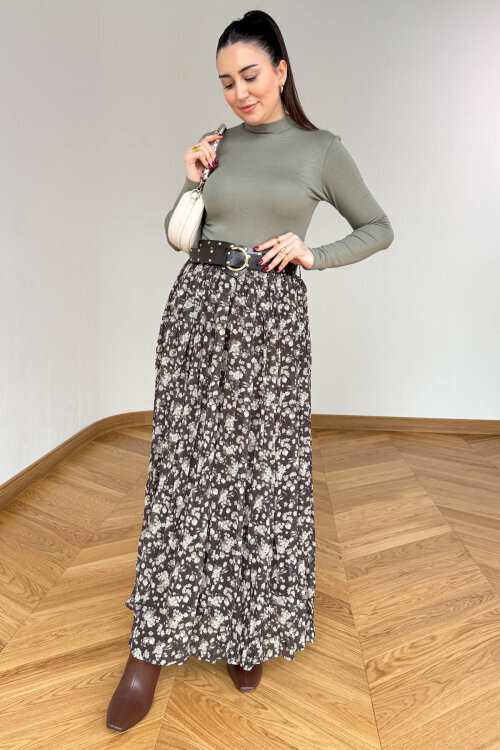 ETK-02347 Haki Kemerli Çiçek Desenli Maxi Tül Etek - 1