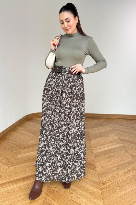 ETK-02347 Haki Kemerli Çiçek Desenli Maxi Tül Etek - 1
