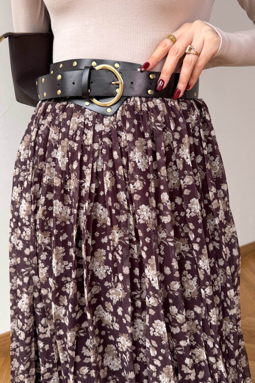 ETK-02347 Kahverengi Kemerli Çiçek Desenli Maxi Tül Etek - 3