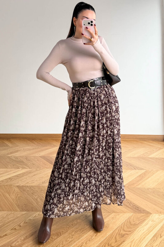 ETK-02347 Kahverengi Kemerli Çiçek Desenli Maxi Tül Etek - 5