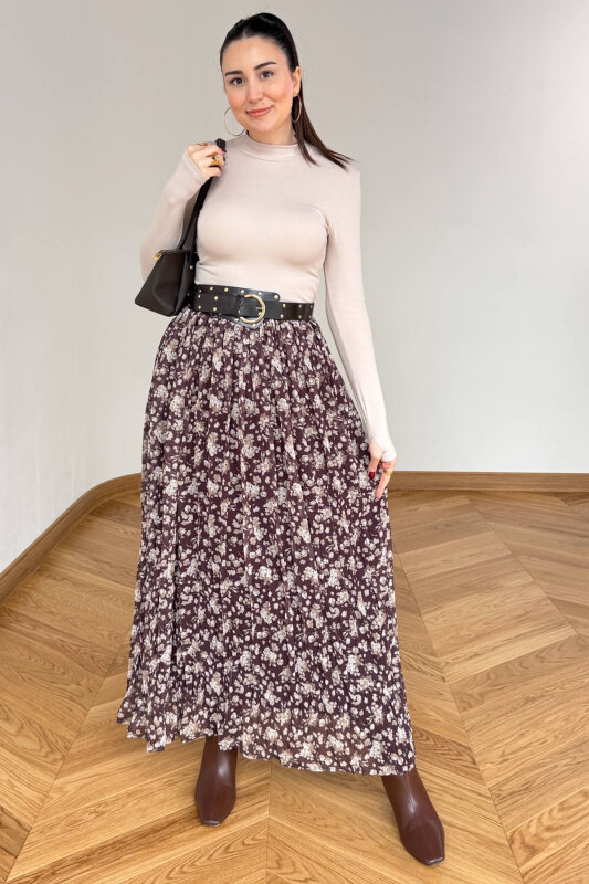 ETK-02347 Kahverengi Kemerli Çiçek Desenli Maxi Tül Etek - 1