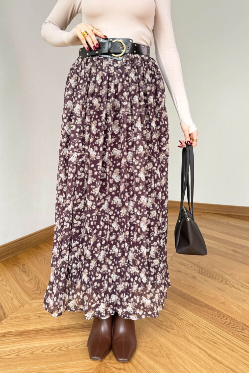 ETK-02347 Kahverengi Kemerli Çiçek Desenli Maxi Tül Etek - 2