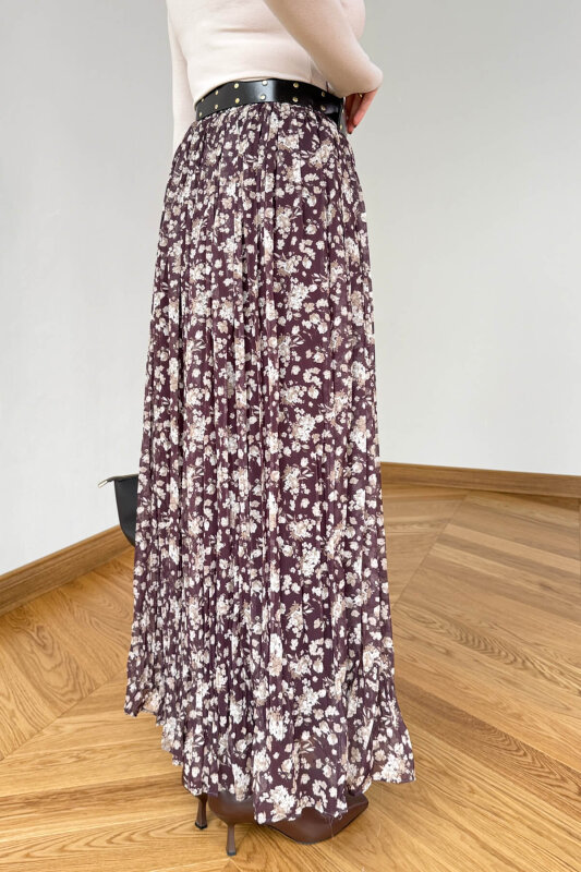 ETK-02347 Kahverengi Kemerli Çiçek Desenli Maxi Tül Etek - 4