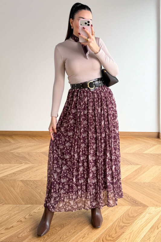 ETK-02347 Mürdüm Kemerli Çiçek Desenli Maxi Tül Etek - 5