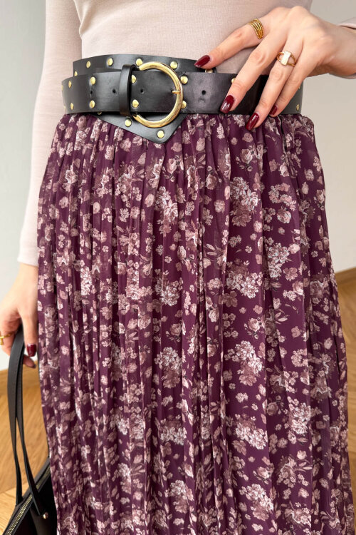 ETK-02347 Mürdüm Kemerli Çiçek Desenli Maxi Tül Etek - 3