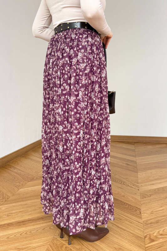 ETK-02347 Mürdüm Kemerli Çiçek Desenli Maxi Tül Etek - 6