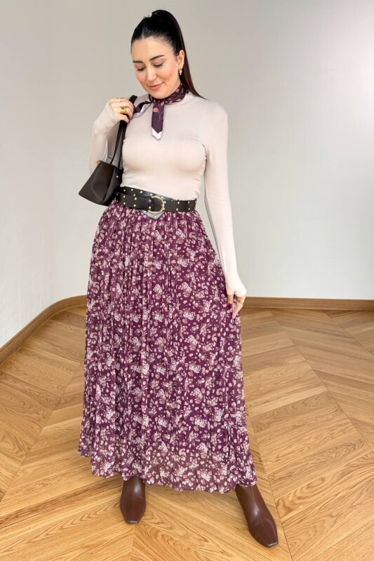 ETK-02347 Mürdüm Kemerli Çiçek Desenli Maxi Tül Etek - 1