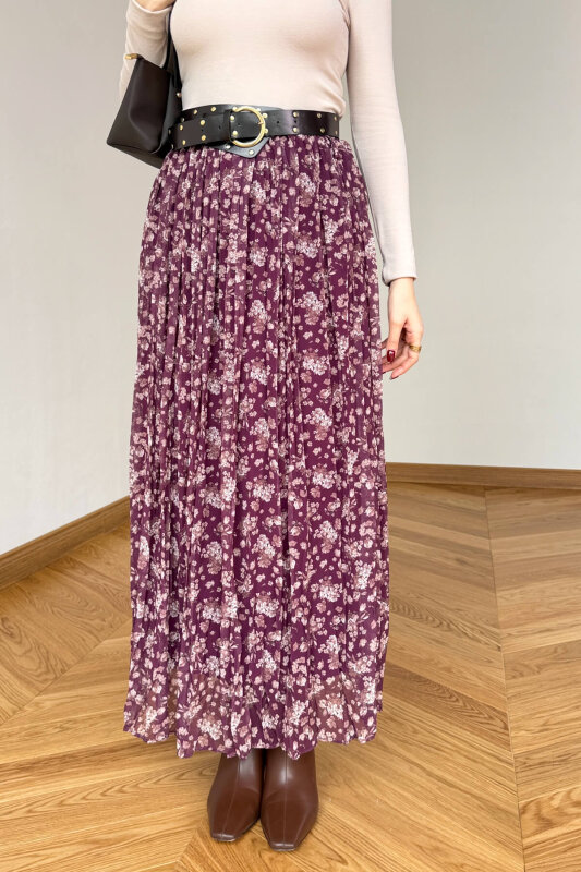 ETK-02347 Mürdüm Kemerli Çiçek Desenli Maxi Tül Etek - 2