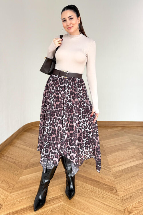 ETK-02349 Leopar Desen Asimetrik Kesim Tül Etek - 1