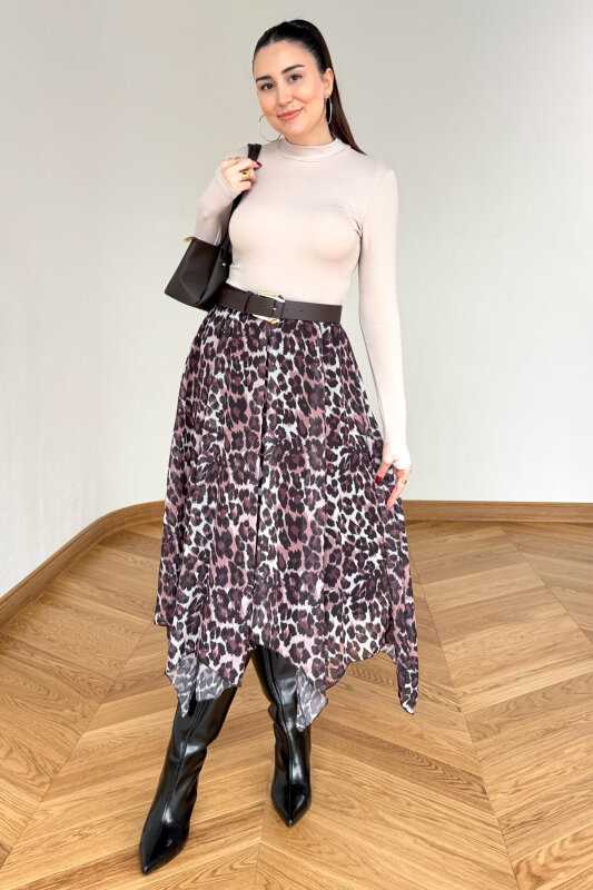 ETK-02349 Leopar Desen Asimetrik Kesim Tül Etek - 1